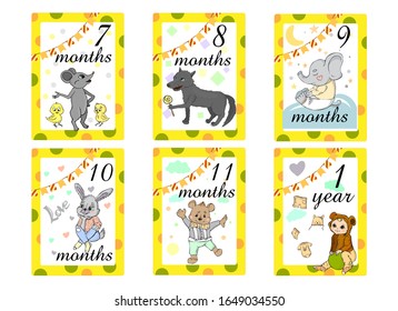 Baby Months Cards. Set of cute stickers with animals for babies