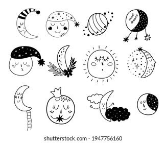 Baby Moon Clipart. Kids Moon Set Cute Characters. Sleepy Moon Elements. Sleeping Moon Face. Doodle Illustration.