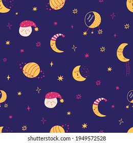 Baby moon pattern. Sleepy moon face. Night time dark background. Kids moon planet illustration.