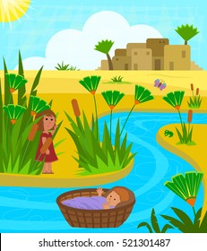 Baby Moses In Basket - Cute illustration of baby Moses on the Nile river with his sister watching over him from a distance. Eps10