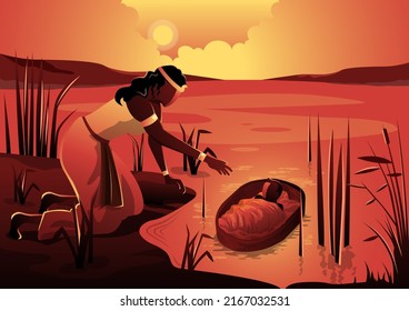 Baby Moses In The Basket Floating On The Nile Towards Pharaohs Daughter. Biblical Series