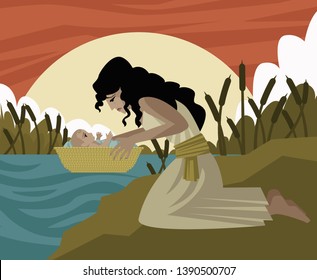 baby moses in a basket and mother in the river old testament tale