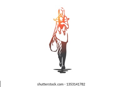 Baby, mother, bag, parenting, busy concept. Hand drawn mother carries baby and bag concept sketch. Isolated vector illustration.