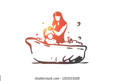 Baby, mother, bath, shampoo, soap concept. Hand drawn mother bathes baby concept sketch. Isolated vector illustration.