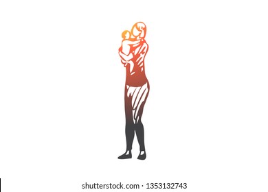 Baby, mother, care, child, parent concept. Hand drawn mother with a baby concept sketch. Isolated vector illustration.