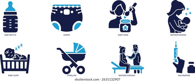Baby and Mother Care Icons baby care, mother care, baby bottle, diaper, baby food