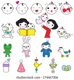 Baby and mother characters and icons set illustration