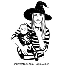 Baby with mother dressed in Halloween costumes. Kid, Little baby dressed funny skeleton with mum. Skeleton suit, witch hat