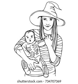 Baby with mother dressed in Halloween costumes. Kid, Little baby dressed funny skeleton with mum. Skeleton suit, witch hat