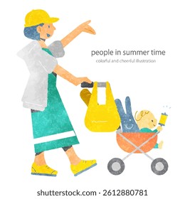 Baby and mother enjoying spring - Colorful and fun watercolor illustration