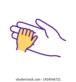 Baby and mother hold hands RGB color icon. Parenting and childcare. Maternity, mother with infant. Newborn care. Reach to grab palm. Early childhood development. Isolated vector illustration