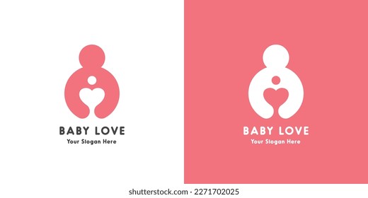 Baby Mother Love logo design illustration. Silhouette of Mother hugging baby in circle shape. Mommy pregnant simple flat design style.