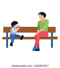 Baby and mother sitting on bench, park bench