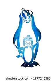 Baby and mother together illustration. cute animals. Penguins parent and child. Mixed media. Vector illustration