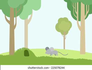 Baby mouse and burrow flat design cartoon vector wild animals. Flat zoo nature children collection.