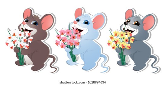 Baby mouse with early daffodil. For congratulations on holidays: March 8, birthday, anniversary. For banners, congratulatory products of your business. Isolated on white background. Vector.