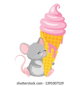 Baby mouse eating ice cream flat vector illustration. Cute rat holding huge gelato cone isolated clipart. Children book, confectionary shop drawing. Rodent animal with dessert, sweet tooth metaphor