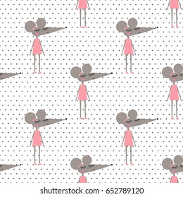 Baby mouse girl in dress seamless pattern on polka dots background. Child drawing style animal illustration. Fashion design for textile, wallpaper, fabric.
