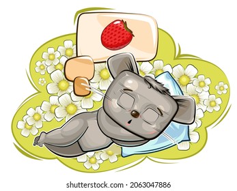 Baby Mouse. Meadow and ripe strawberry are dreaming. Childrens illustration. Chamomile. The baby animal fell asleep. Cartoon style landscape. Isolated on white background. Vector.