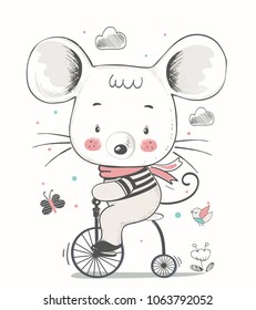 Baby mouse ridding on a bicycle. hand drawn vector illustration in vintage style. Can be used for baby t-shirt print, fashion print design.