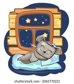 Baby Mouse sleeps in bed. Dreaming Near the window and wall. Night and stars. Childrens illustration. Nice baby animal fell asleep. Cartoon style picture. Isolated on white background. Vector.