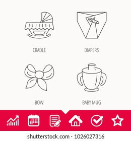 Baby mug, diapers and cradle bed icons. Bow linear sign. Edit document, Calendar and Graph chart signs. Star, Check and House web icons. Vector
