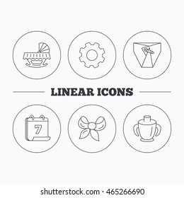 Baby mug, diapers and cradle bed icons. Bow linear sign. Flat cogwheel and calendar symbols. Linear icons in circle buttons. Vector