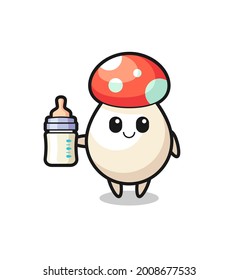 baby mushroom cartoon character with milk bottle , cute style design for t shirt, sticker, logo element