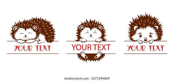 Baby name monogram. Set of hedgehog monogram with space for text. Peeking face hedgehog. Baby name sign.