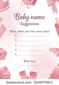 Baby name suggestions template for girls with pink background and cute illustrations, perfect for listing favorite names in a sweet and decorative format