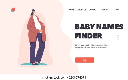 Baby Names Finder Landing Page Template. Young Mother Character, Asian Pregnant Woman, Beautiful Smiling Girl with Big Belly. Pregnancy, Maternity and Motherhood Concept. Cartoon Vector Illustration