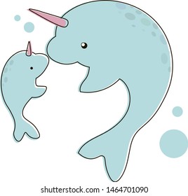 Baby Narval and Parent Narval. Underwater cute illustration.