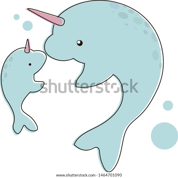 Baby Narval Parent Narval Underwater Cute Stock Vector Royalty Free