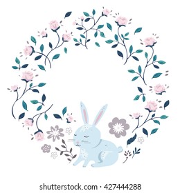 Baby natural textures in pastel colors. Vector flowers and hare in circle. Round composition with place for your text. It can be used for invitation, wedding, picture, greeting card, poster, banner.