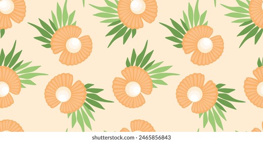 Baby nautical seamless pattern with seashell and pearl Flat vector design for kids Print on fabric paper cover wrap wallpaper Infinity print on fabric