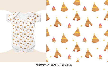 Baby Neutral Toddler Beige Bodysuit Fashion Illustration. Vector Repeating Seamless Patterns of
Brown Tipi Tent with bonfire and stars for Camping theme outfit, Isolated on white background
