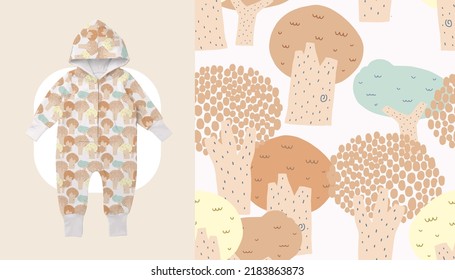 Baby Neutral Toddler Beige Color Hoodies long sleeves pyjamas Fashion Illustration. Vector Repeating Seamless Patterns of
Flat Beige Forest with Beige leaves and white Tree’s trunk
