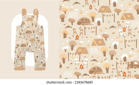 Baby Neutral Toddler Beige Overall pant Fashion Illustration. Vector Repeating Seamless Patterns of
Tent site with tent, motor  home, recreational vehicle, bonfire, outdoor chair camping in the fores