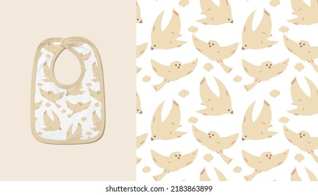 Baby Neutral Toddler White Velcro fastening Bib Fashion Illustration. Vector Repeating Seamless Patterns of
Beige Birds and clouds for Camping theme outfit on White background
