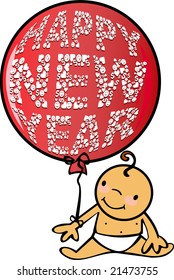 Baby new born announcing the new year in his red balloon