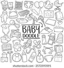 Baby New Born Doodle Icons Sketch Hand Drawn Made Design Vector Line Art.