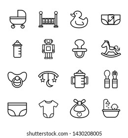 Baby New Born Elements Line Outline Vector Icon Set Pack Illustration