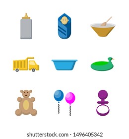 Baby new born filled toy icon set, kid,  cute, toddler, block, car, pan, balloon and more, isolated backgrounds