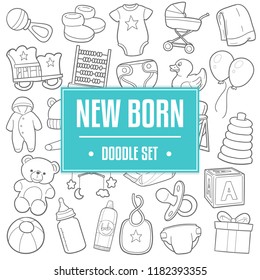 Baby New Born Traditional Doodle Icons Sketch Hand Made Design Vector