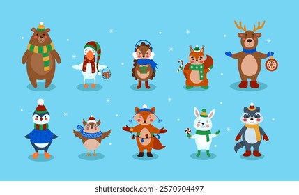 Baby New Years character. Christmas animals. Duck in scarf. Nordic penguin. Hedgehog and reindeer. Bear in warm stocking. Children background. Kawaii holiday collection. Vector tidy Xmas mammals set