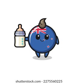 baby new zealand flag badge cartoon character with milk bottle , cute style design for t shirt, sticker, logo element