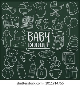 Baby Newborn Child Doodle Line Icon Chalkboard Sketch Hand Made Vector Art.