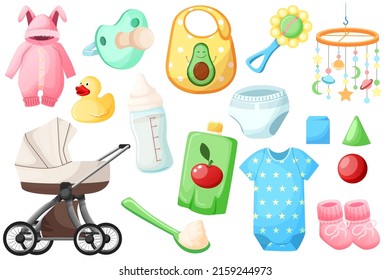 Baby, newborn, child, kid, children set, isolated accessories. Sliders, pacifier, rattle, sleep toy, stroller, booties, mash, food, nutrition, diapers, bottle, cubes, yellow duck. Vector illustration