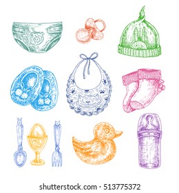 Baby newborn clothing in hand drawn style. Isolated vector illustration