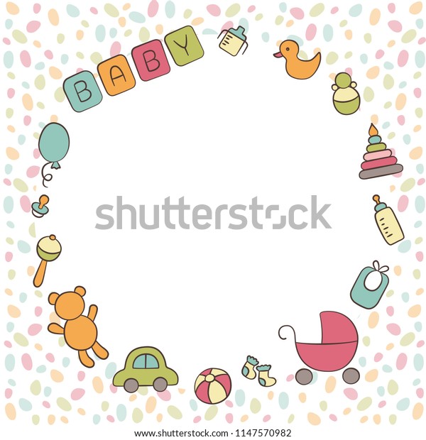 Baby.\
Newborn. Cute round frame in doodle and cartoon style. Vector. Card\
for printing, banner, photo album and\
other